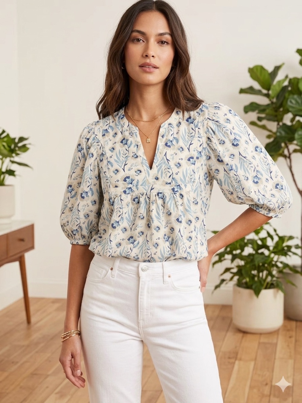 Universal Thread Blue Cream Floral Puff Sleeve Babydoll Blouse Top